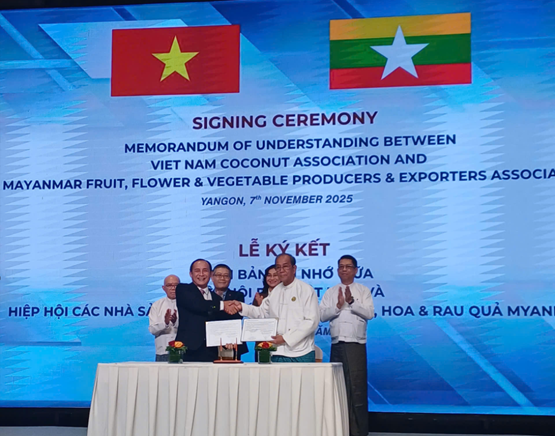 Việt Nam - Myanmar tăng cường hợp tác xây dựng vùng nguyên liệu dừa và giao thương nông sản.